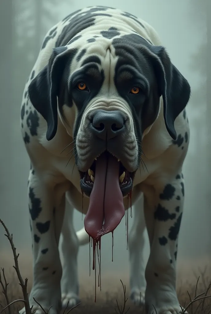 Une image d’un chien Mastiff tacheté vache avec un regard triste et enfuyant qui tire la langue et bave 