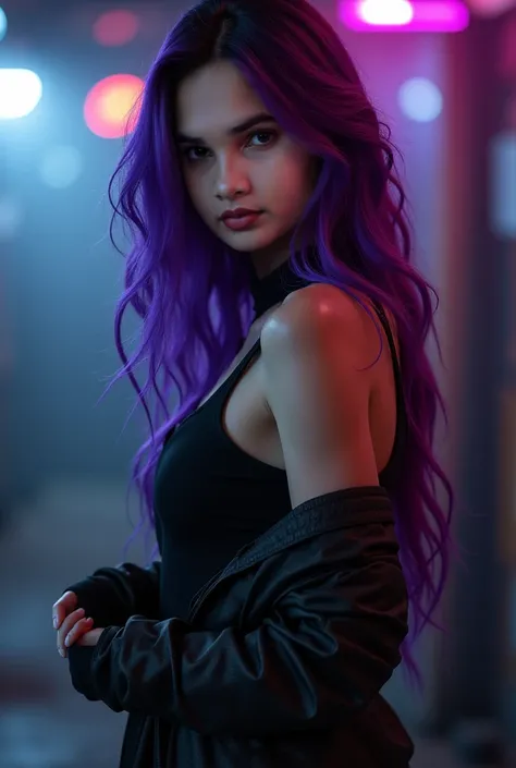 Girl with a sexy look 28 years old with purple hair tips and a black boot