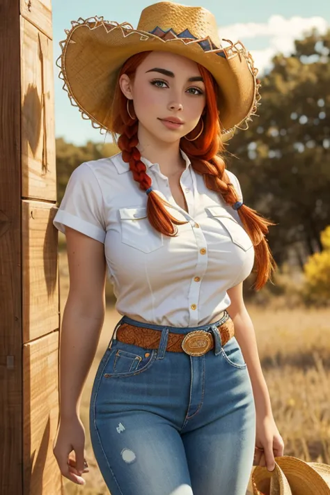 (Riley Reid), Jessie the cowgirl from toy story.  Redhead, cowgirl clothes.  Open-necked white shirt with yellow decorations, which shows off her enormous breasts.  Blue jeans with cow spots, boots.  Orange hair with braid. ((red cowboy hat)).  big breasts...