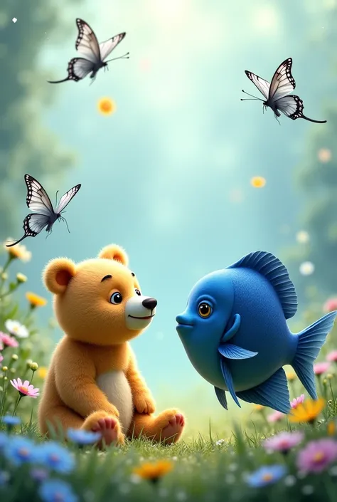 White butterfly blue butterfly a honey bear and a navy blue fish 