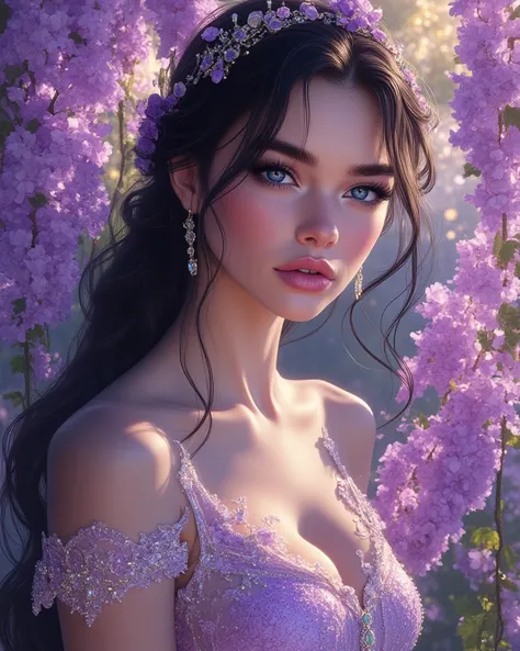 oil painting hyperrealistic fantasy, beautiful 25-year-old Russian WOMAN with Russian features, jet black hair, sapphire blue eyes, bright pink lip gloss, white skin de porcelana como muñeca, pink cheeks, Dark,  golden glow , hyperrealistic digital art. 4k...