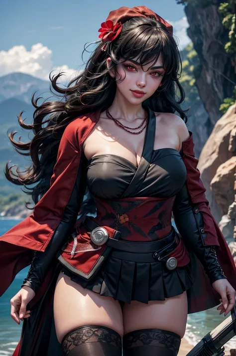 raven branwen, stunning girlfriend, heart shaped face, elegant face, beautiful face, highly detailed face, highly detailed skin, skin pores, subsurface scattering, realistic pupils, loving smile, looking at viewer, full face blush, full lips, detailed back...