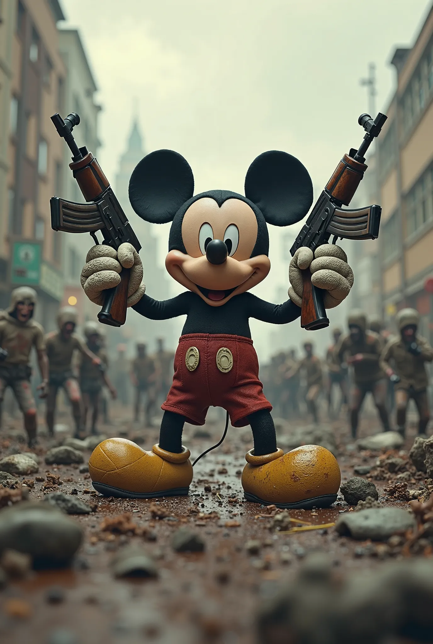 Mickey holding 2 Ak47s in a post-apocalyptic world infested by zombies, high resolution, high level of detail