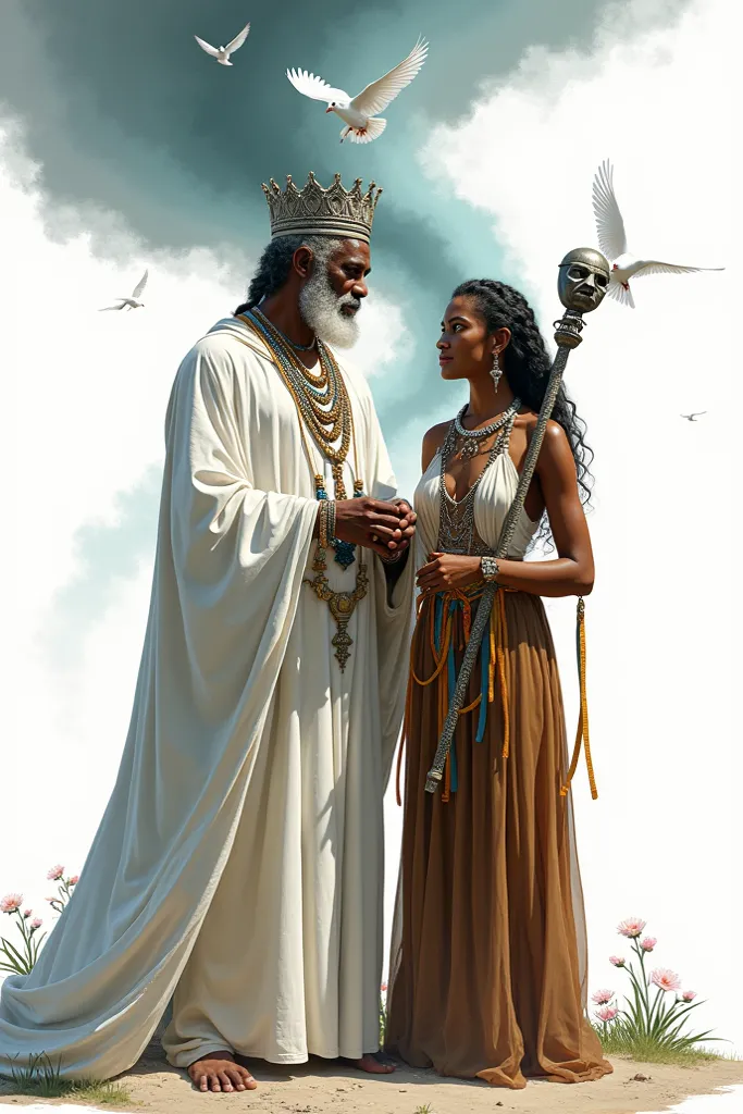 Illustration of Obatala an older African man with a beard and gray hair, Dressed in white, with silver crown and necklaces next to Oya his African daughter queen of the cemetery, dressed in brown with a skirt with nine colored ribbons, with a scepter with ...