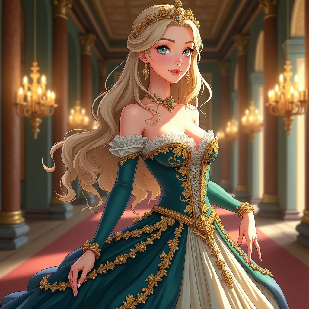 Anime noblewoman, elegant and regal, depicted in a refined and sophisticated style. She is dressed in an elaborate, luxurious European aristocratic gown, adorned with intricate lace, silk, and velvet details, exuding opulence. Her posture is graceful and p...