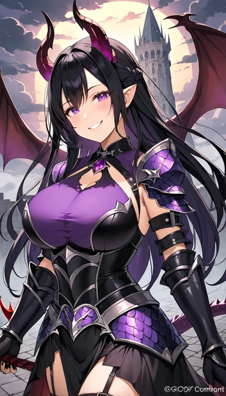 ((Background Demon Realm))(((Evil Dragon))((Heinous Woman ))、((black hair with purple gradation))((semi-long hair))((half up hair))((Big Breasts))(( armor made of dragon scales ))、((bewitching smile )black clouds on the background、Background The Tower at t...