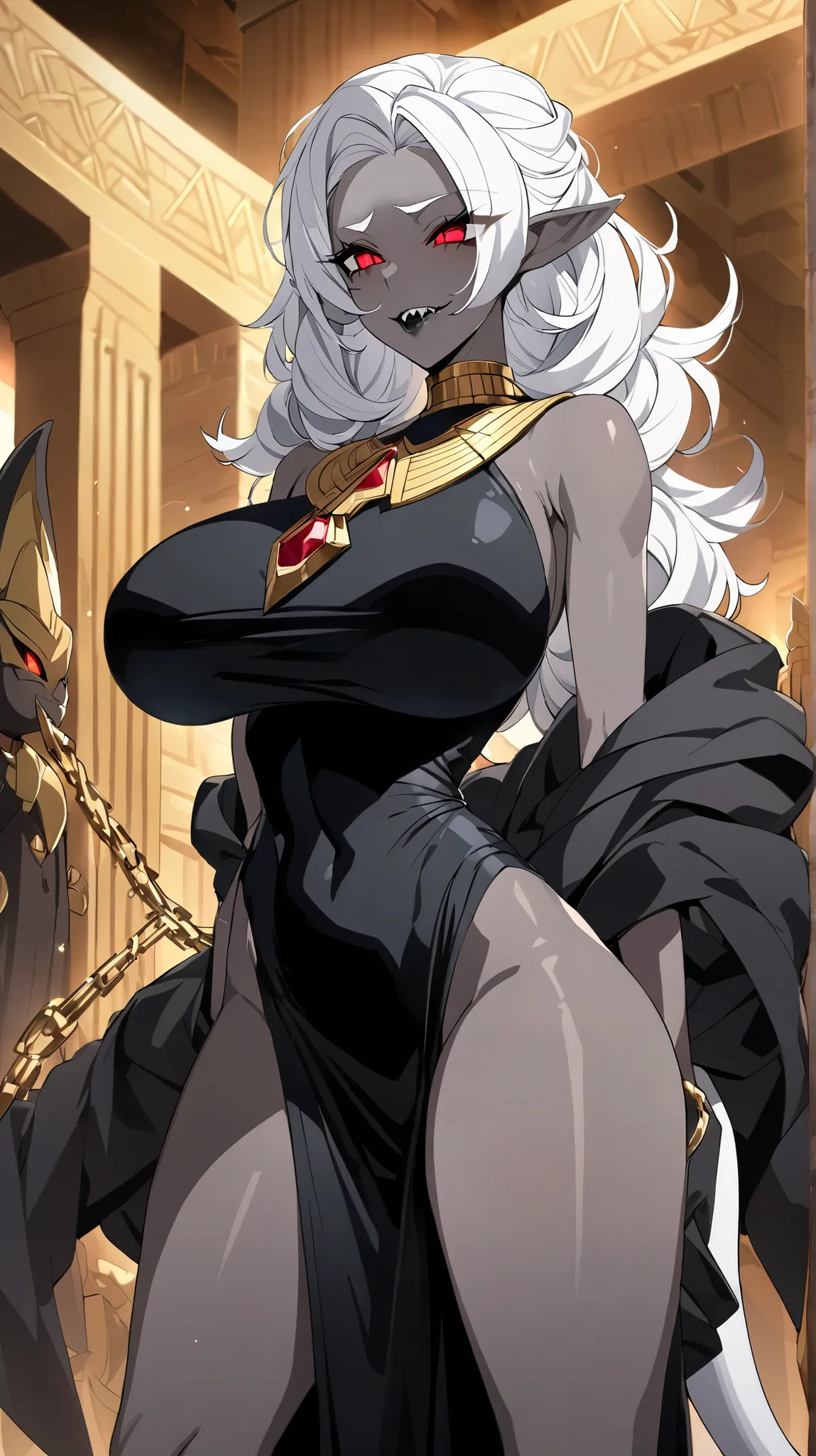 Woman,Tall, Dark Grey Skin, Demon, skinny, huge Breasts, busty, white Hair, unique hairstyle, fluffy hair, red eyes,glowing Eyes, Parted Lips, Black Lips, pointy ears. Sharp teeth. Long tail.

Wears black tight velvet dress, has gold chained ruby amulet. H...