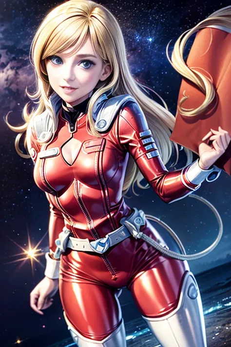 1 jeune femme, 25 ans, very blonde, souriante, yeux bleus clairs, Long messy hair, grande, anatomie parfaite, flat chest, full red space suit, bottes blanches, ceinture hitech blanche, debout