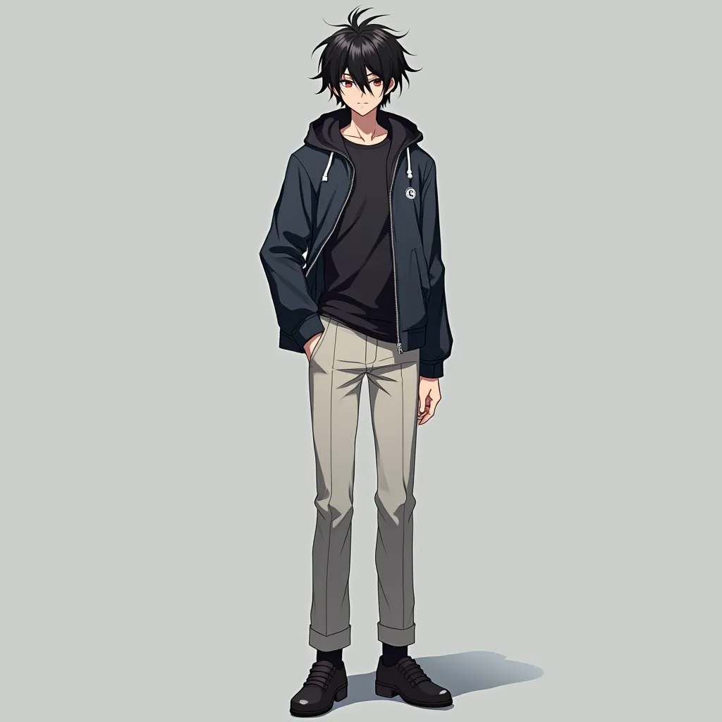 anime guy, dark black hair, brown eyes, dark blue school jacket, white school pants,black shoes, anime style, He stands tall, he stands tall,anime,the hair covers the ears