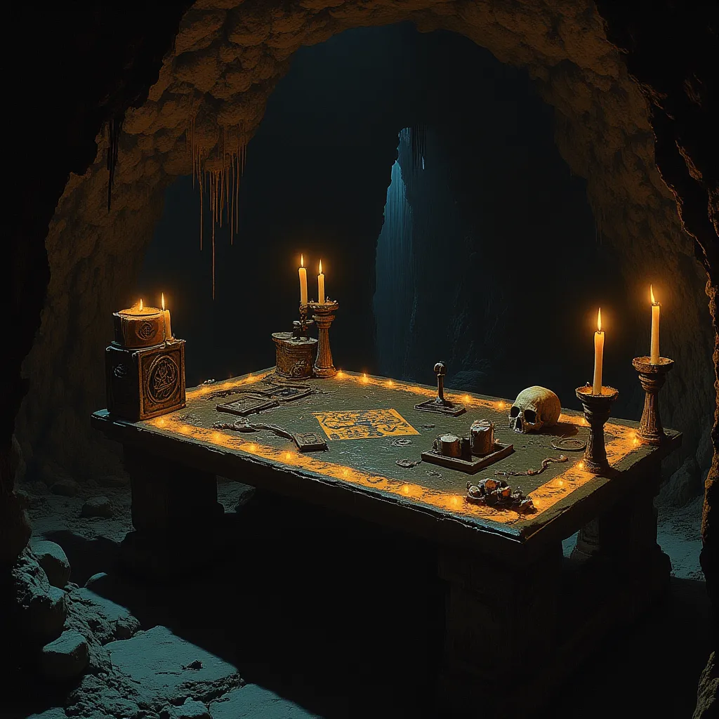 witchcraft table with small tarot cards a skull and candles at the bottom of an underground cave