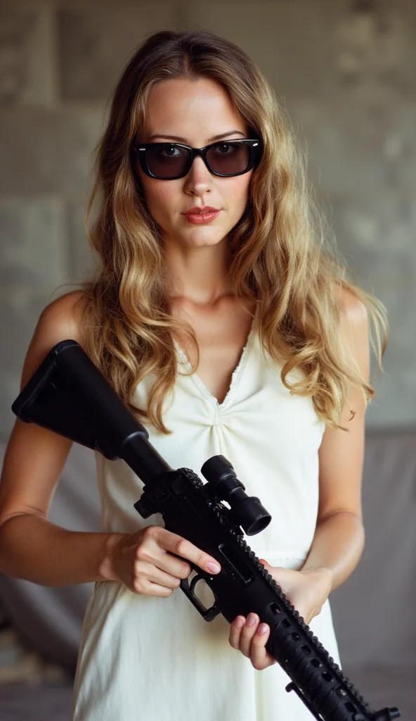 blonde woman wearing dark glasses and white dress and holding a rifle in her hands 