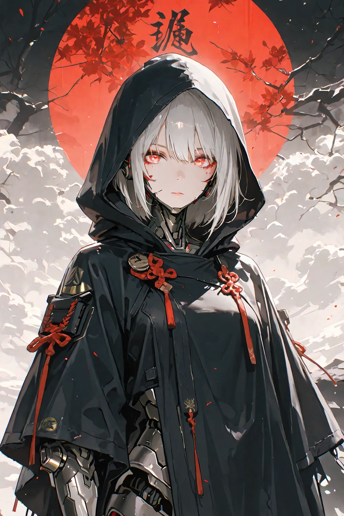 Female Cyborg Samurai,black hooded cloak