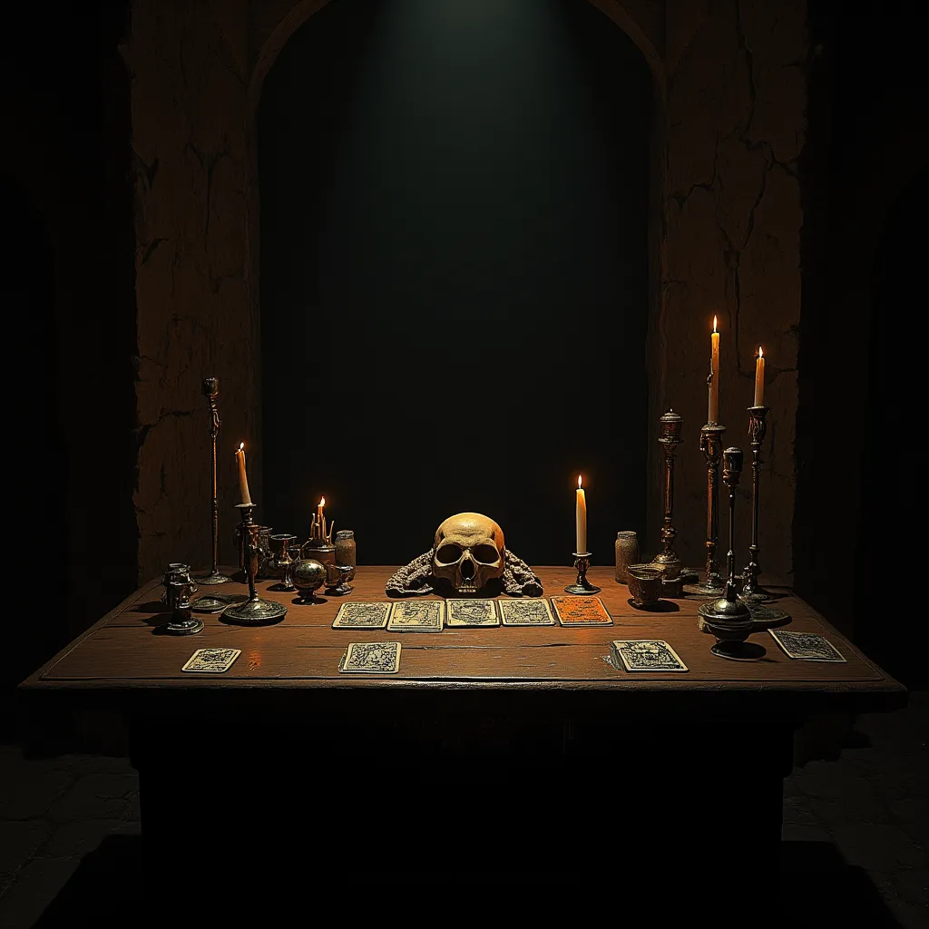 witchcraft table with small tarot cards on top and a skull and candles at the bottom of an underground cave