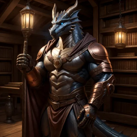 masterpiece,High quality, super detailed,anime,detailed eyes, medieval copper-colored robotic dragon with magical blue eyes super muscular male, metallic copper body with runes embedded in the metallic body,wearing an old and dirty gray shirt over the body...