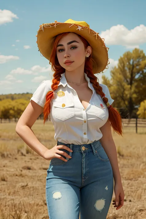 (Riley Reid), Jessie the cowgirl from toy story.  Redhead, cowgirl clothes.  Open-necked white shirt with yellow decorations, which shows off her enormous breasts.  Blue jeans with cow spots, boots.  Orange hair with braid. ((red cowboy hat)).  big breasts...