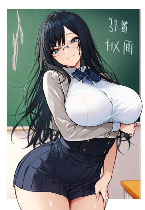  Solo, girl,long left bang,eyes cover with bangs,black hair, school outfit, white stokings,coffe eyes, kind gaze, smile, Big saggy breast, perfect legs,hd, score 9, másterpiece, bangss, mechón de pelo, ,details, hd,8k, perfect, absurd, magnific,mid thights...