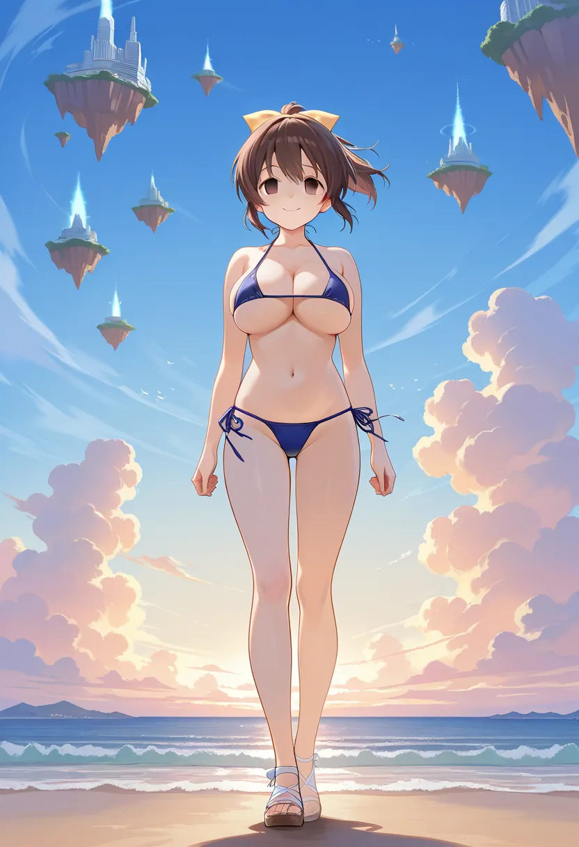 A Floating City, waiting for someone ,Wind,,, large breasts, ,brown hair, short hair, ponytail, ribbon, brown eyes,, empty eyes, seaside, full body, smile ,micro bikini