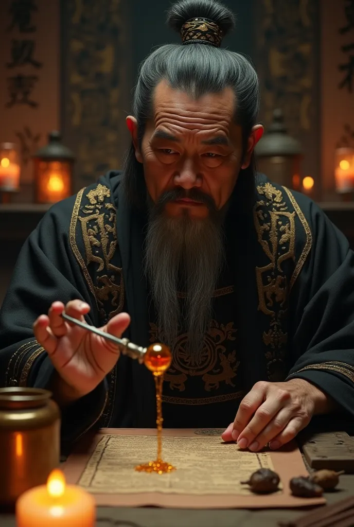 Close-up shot, extreme Low angle shot, (Qin Shi Huang, now older, sits in a dimly lit chamber filled with scrolls, ancient texts, and alchemical tools. His face, lined with age yet still commanding, reflects a mix of desperation and determination as he hol...