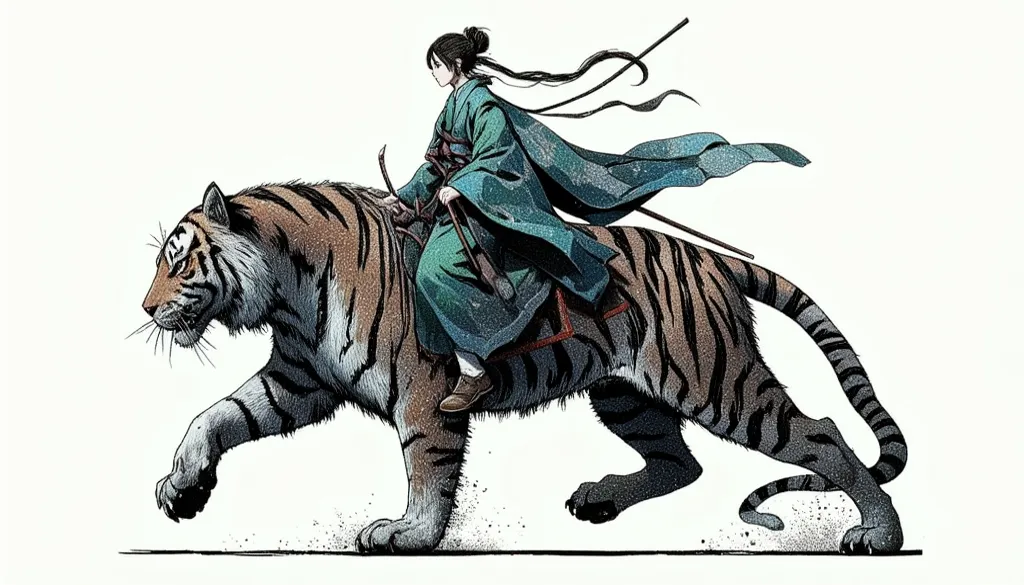 Shao Mi
2
arafed image of a woman riding a tiger with a staff, an ultrafine detailed painting by Kanō Tan'yū, trending on cgsociety, ukiyo-e, a wizard battling a tiger, ruan jia and joao ruas, sitting on tiger cavalry, ross tran and michael whelan, feng zh...