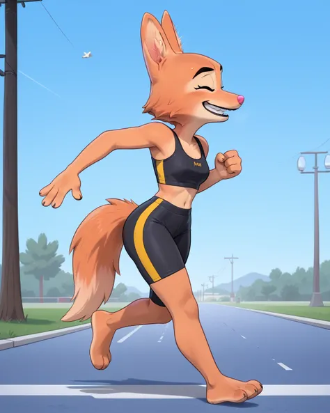 score_9, score_8_up, score_7_up, 1girl, solo, diane foxington, closed eyes, orange fur, dusty pink nose, fox girl, High Resolution, HD, High Quality, Masterpiece, Best Quality, High Details, Amazing Quality, black sports bra, midriff, hips, black bike shor...