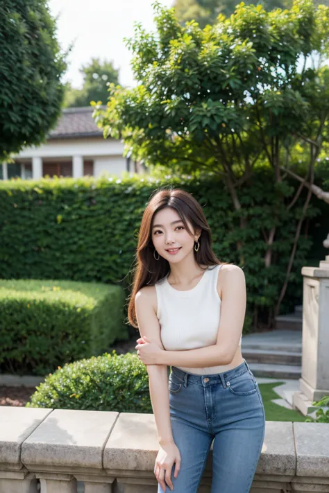  masterpiece, 8k, photorealistic,26-year-old woman,  Japanese woman with a round face  ,  glowing skin like porcelain  ,  porcelain shiny skin , Long Hair,brown hair,smile,earrings,face the front,dark blue skinny jeans,sleeveless knit, putting her hands in...