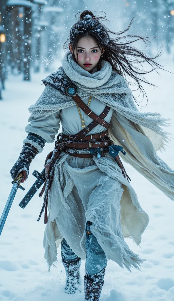 The warrior woman moves through the snow, his ice-covered samurai cape undulating. Bright blue eyes lock on the target as he grabs his ice-covered sword. He moves fluidly, pulling a katana from his back,  ready for battle . The snow swirls around him in th...