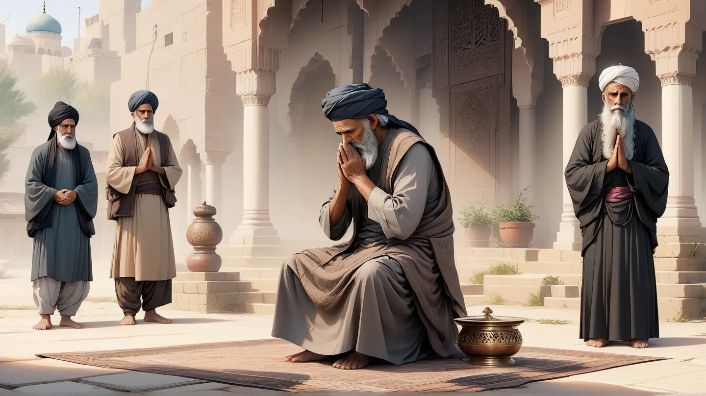   An old Afghan man  ,  early morning  ,  wearing a black turban ,   and prayer fajr  ,  rose gold salwar kameez .   with hard wrinkles and a white long beard  ,  early morning  , Morning Prayer.  gaming ultra 24k dan RTX unreal engine 6 PC masterace ,   t...