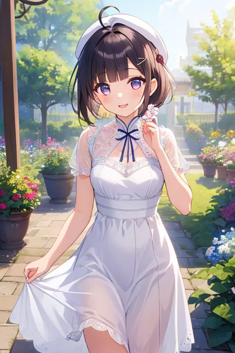 ((top quality)), ((masterpiece)), (Details), 1 girl。blunt bangs。Short Hair。braided ponytail。ahoge。Cute hair clip。 looks young。(small breasts)。(moving composition)。white dress。hat。 Smile。garden。stroll。