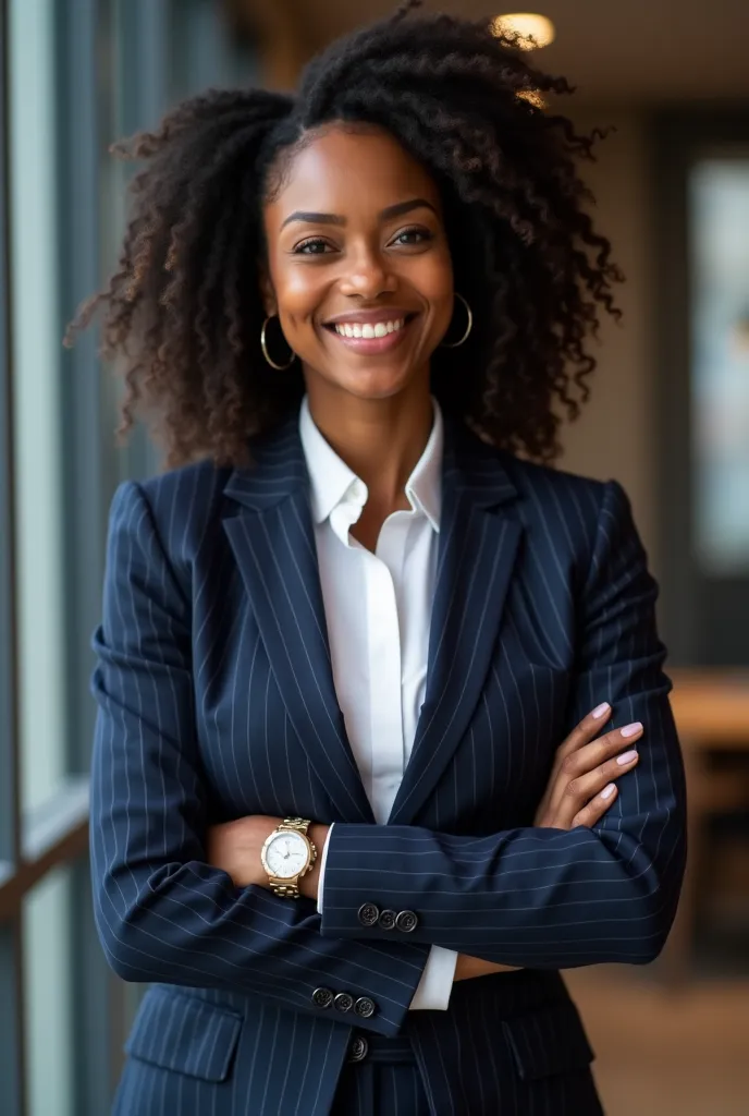 An African Lady around 30 years of age, who is a lawyer in pinstripe navy blue suit with dreadlocks with wine glass figure and a beautiful smile. 