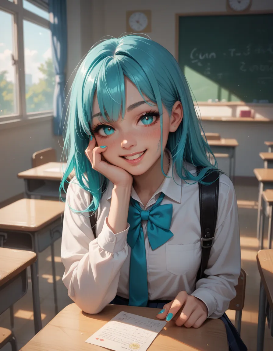 A girl with long cyan hair, cyan eyes, in a school inside a classroom, a happy expression, a small blush on her cheek, painted nails, schoolgirl clothes