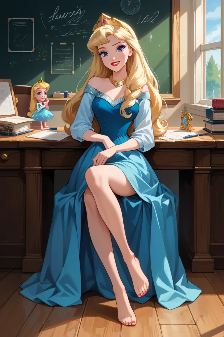 PonyXLV6_Scores ,source_anime, masterpiece, full body view, BREAK Disney princess Aurora ,1girl, solo, porcelain doll, blonde loose and long hair, thin face, purple eyes, red lips, barefoot, smiling, fair skin, Disney 3D render, ((Princess Aurora wearing a...