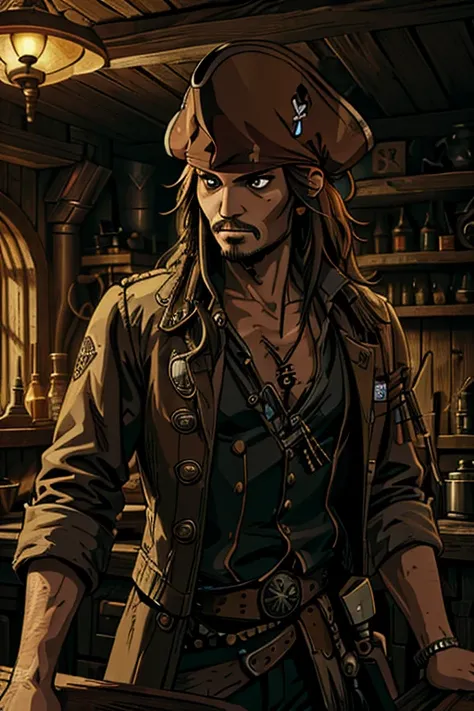 (1man, jack sparrow), (extremely detailed CG unit 8k wallpaper),(master part), (best quality), (ultra detail), (best illustration),(style of Dan Mumford), cowboy shot, (Sharp eyeliner, ombre, detail eyes:1), dark tavern interiors background, ,break , (salv...