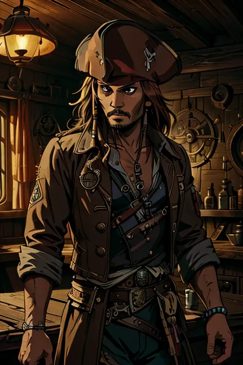 (1man, jack sparrow), (extremely detailed CG unit 8k wallpaper),(master part), (best quality), (ultra detail), (best illustration),(style of Dan Mumford), cowboy shot, (Sharp eyeliner, ombre, detail eyes:1), dark tavern interiors background, ,break , (salv...