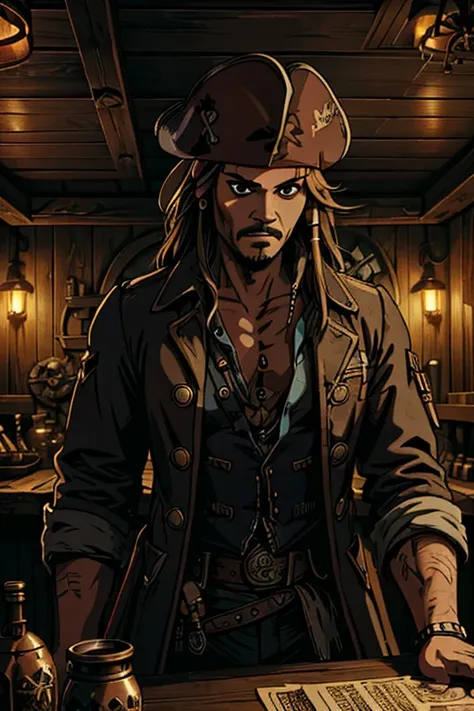 (1man, jack sparrow), (extremely detailed CG unit 8k wallpaper),(master part), (best quality), (ultra detail), (best illustration),(style of Dan Mumford), cowboy shot, (Sharp eyeliner, ombre, detail eyes:1), dark tavern interiors background, ,break , (salv...