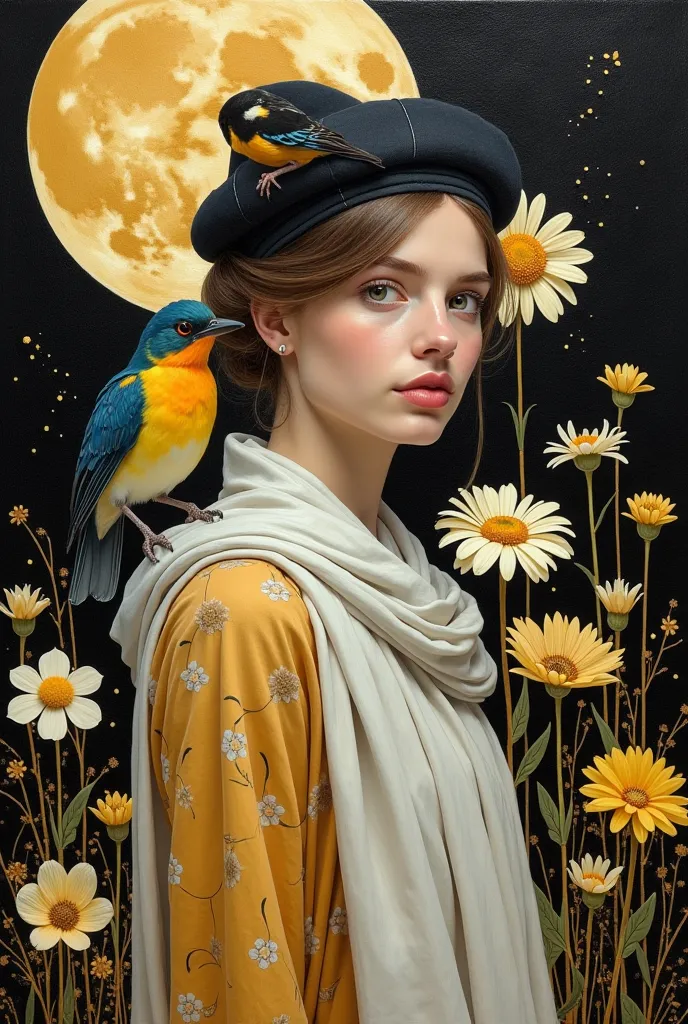 A  oil painting depicting a beautiful woman surrounded by flowers, wearing a white scarf and a black headdress under moon. A large Turdus Merula is sitting on her shoulder, against a black background with gold details and a combination of white and yellow ...