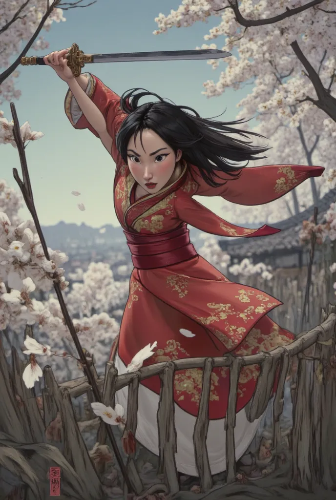 Hua Mulan，Show female bravery，shy，like a porcelain doll, fine features, delicate，Black and red color scheme，poster，iconic disney characters。shonen style, anime style, straight hair, big hair, ((long hair))
,chinese young woman warrior, black hair, red trad...