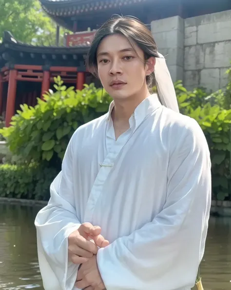 ((best quality)), ((masterpiece)), (detailed), perfect face Photo realistic image of a 25 years old young man white and silver flowing hanfu. Proud, regal personality, Attractive, arrogant, powerful, long black hair. Looks like Shi Wudu from Heaven Officia...