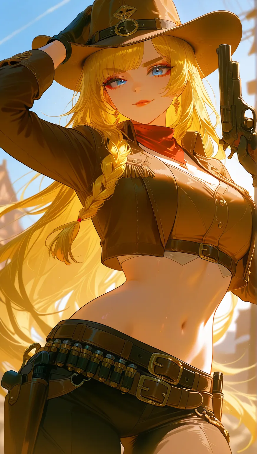 Detailed face,Blonde girl with blue eyes, crop top cowboy outfit , big , thick eyeliner, thick eyebrows, half smile, holding an pistol eyelashes, raising right eyebrow, botox lips, wearing bandolier, gunslinger, old western settings ,cowboy hat،,  sexy pos...