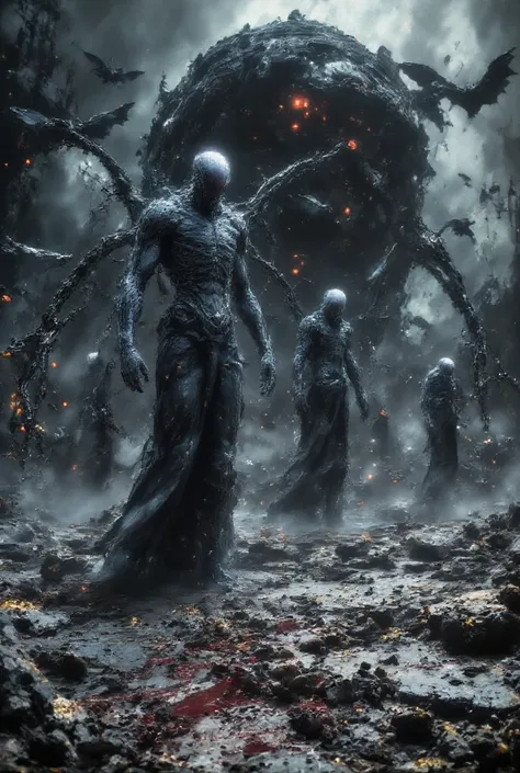 The image is a work of surreal art and dark fantasy that represents a desolate landscape with a disturbing atmosphere. The scene is populated by several necrophages with pale and ghostly skin, elongated limbs and features mutated by radiation. Some figures...