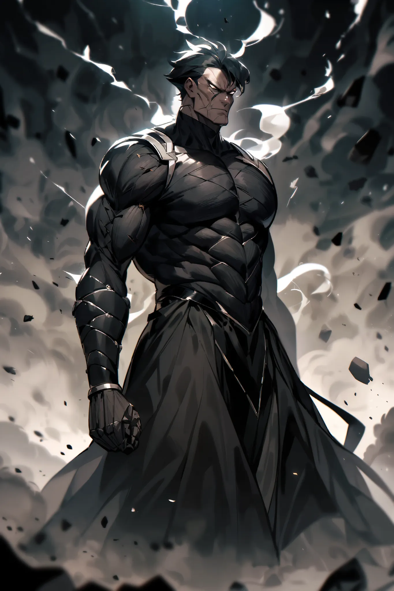 Create the image of a villain with a dark and imposing look, inspired by a character like Boro de Boruto. he is about 50 years old, with a muscular and robust body, measuring between 1,85m and 2 meters high. Your skin is of a normal human hue, but it has c...