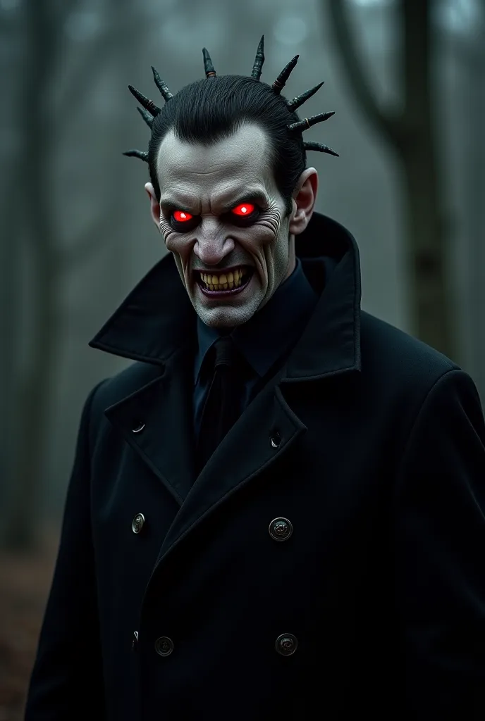 A man with large fangs evil Illuminated in red eyes He stands tall and his face is pale and gives you the impression of Dracula resembling Dracula and a couple of pipes emerge from him and in the dark and scary behind him from afar there are three people s...