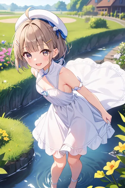 ((top quality)), ((masterpiece)), (Details), 1 girl。blunt bangs。Short Hair。braided ponytail。ahoge。Cute hair clip。 looks young。(small breasts)。(moving composition)。white dress。hat。 Smile。garden。stroll。Crouching by the creek。