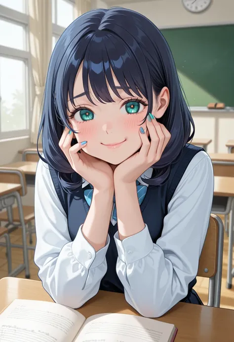 A girl with long cyan hair, cyan eyes, in a school inside a classroom, small blush on her cheek, painted nails, schoolgirl clothes
