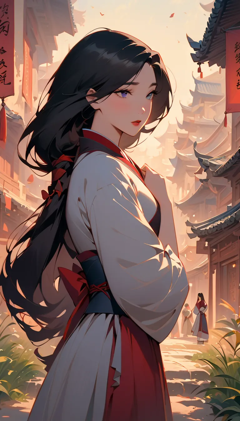 Hua Mulan，Show female bravery，shy，like a porcelain doll, fine features, delicate，Black and red color scheme，poster，iconic disney characters。shonen style, anime style, straight hair, big hair, ((long hair)) ,chinese young woman warrior, black hair, traditio...