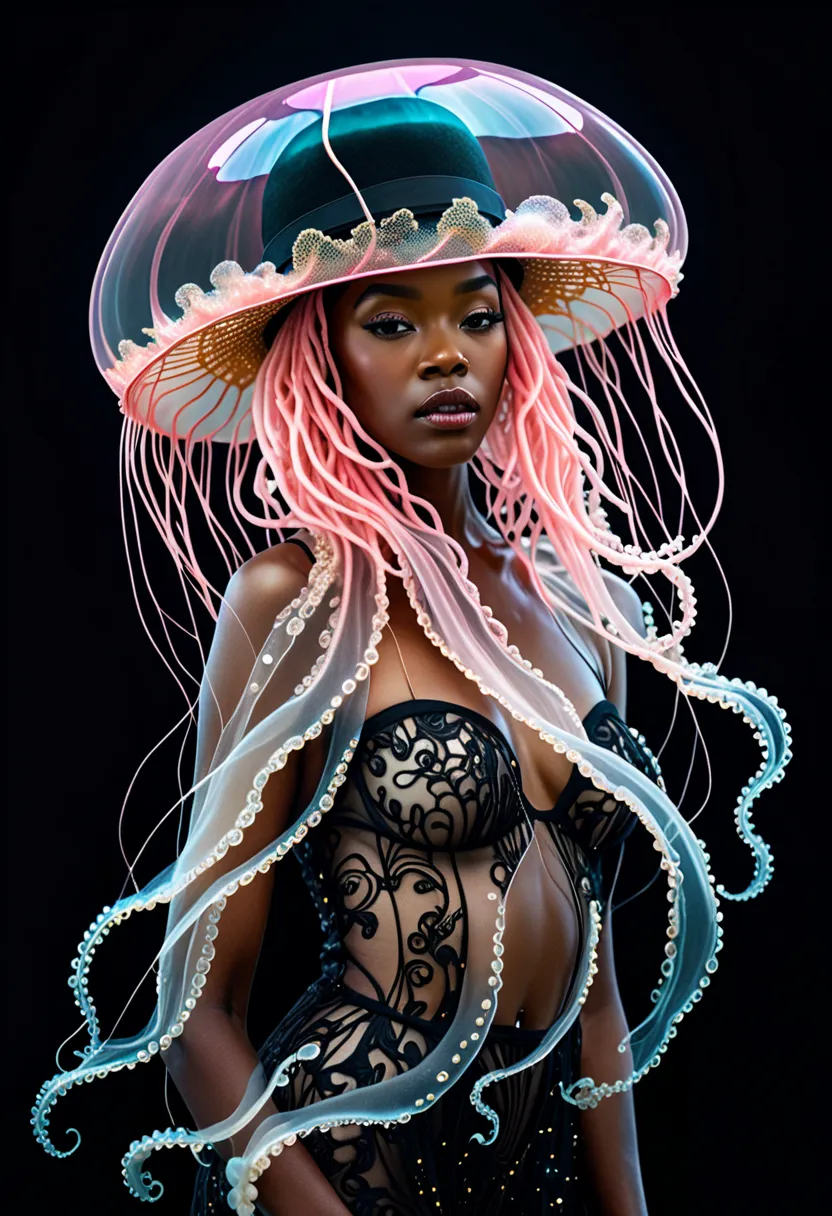 photo RAW, (Black and pink : Portrait of a black woman with hat ghostly jellyfish, shiny aura, highly detailed, gold filigree, intricate motifs, organic tracery, by Android jones, Januz Miralles, Hikari Shimoda, glowing stardust by W. Zelmer, perfect compo...