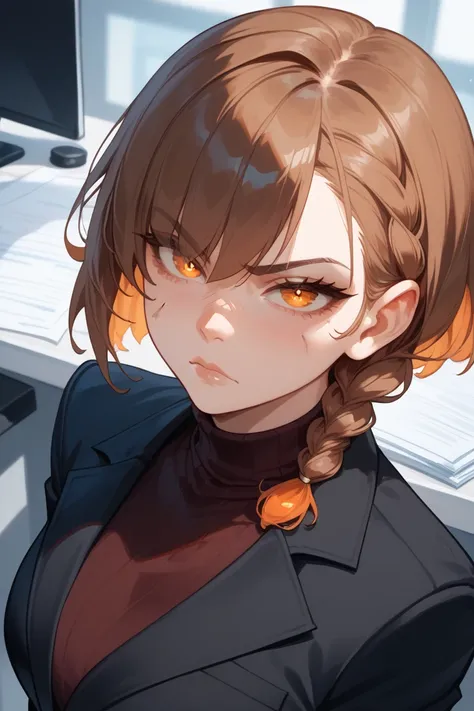 woman, sharp features, cold gaze, siren eyes, red-orange eyes, blue color around pupil, lighter brown hair color, short hair above shoulders, bangs on eye level, one side held together with a small braid, SMALL braid in hair, cheek scar on her jaw, frownin...