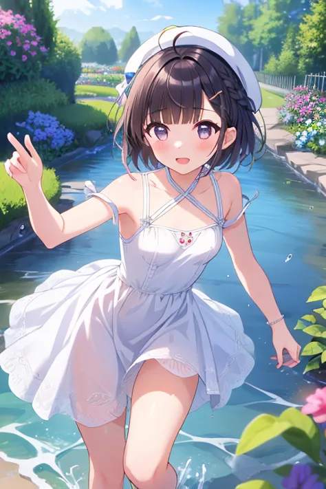 ((top quality)), ((masterpiece)), (Details), 1 girl。blunt bangs。Short Hair。braided ponytail。ahoge。Cute hair clip。 looks young。(small breasts)。(moving composition)。white dress。hat。garden。stroll。crouch by the creek。Release water splashes。