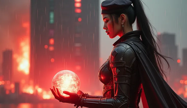 A 22-year-old Korean woman, 168cm tall, with sharp yet feminine features and a striking, sexy presence, stands facing a burning skyscraper, cyberpunk anime style. She wears a warrior's armor, a blend of futuristic techwear and traditional battle gear, with...