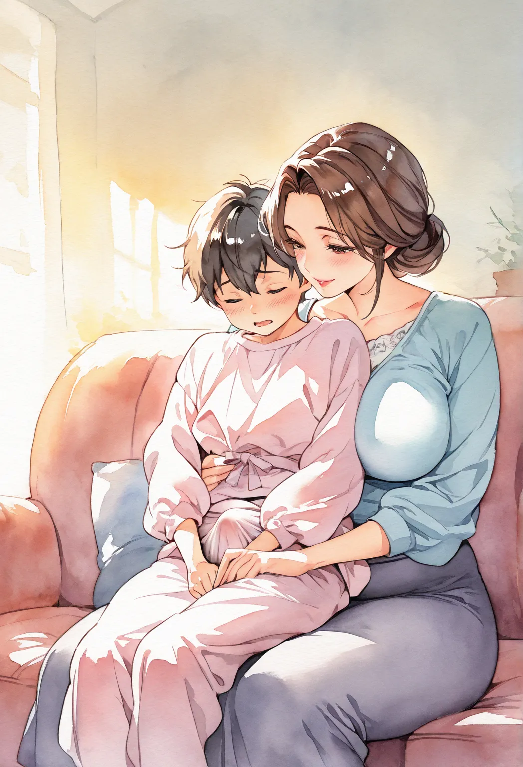 shota sitting on mom's lap, sitting on a couch, mature woman, wholesome, motherly, Watercolor, boner behind clothes, touching bulge 