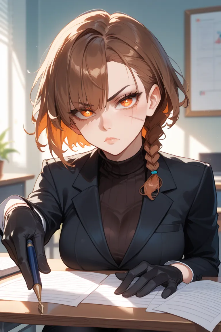 Older woman, sharp features, siren eyes, red-orange eyes, blue color around pupil, lighter brown hair color, short hair above shoulders, bangs on eye level, one side held together with a small braid, SMALL braid in hair, cheek scar on her jaw, frowning, ne...